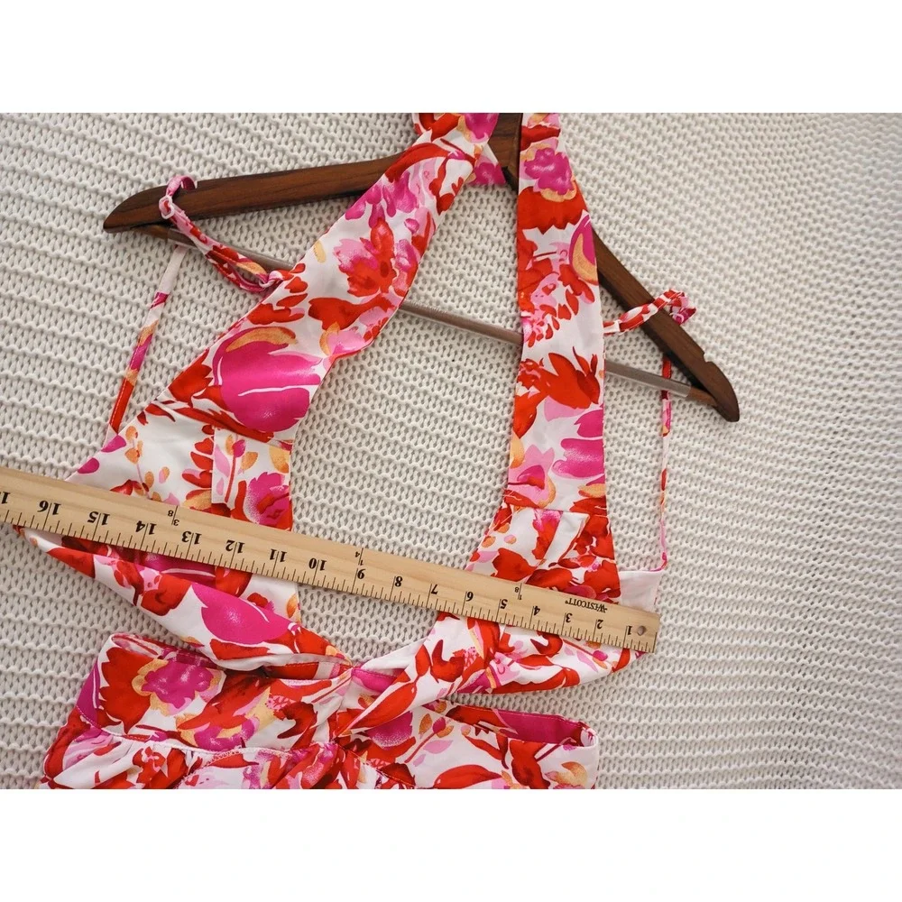 Tropical Floral Halter Maxi‎ Dress Cutout Waist Pink Red Orange Resort W26 S